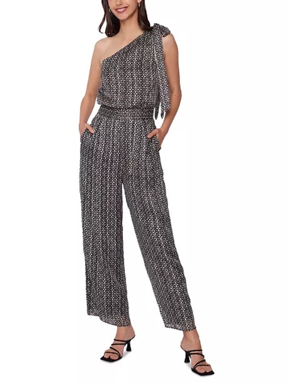 Lost + Wander One-Shoulder Black and White Printed Jumpsuit